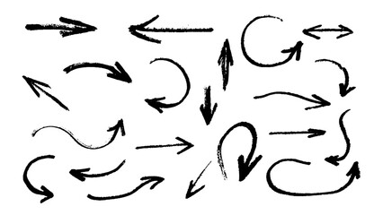 Set of arrows drawn with black marker isolated on transparent background 