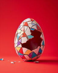 Cracked easter egg with geometric pattern and  broken pieces on a red background. Minimal Easter concept