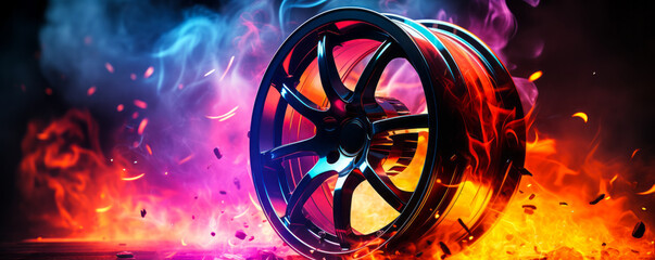 Dynamic car alloy wheel on fire with cool blue and hot red flames engulfing it, concept of speed, power, and automotive passion