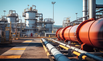 Industrial landscape: Detailed view of gas and chemical plant infrastructure with storage tanks, pipelines, and modern machinery