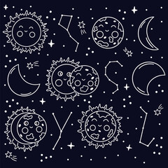 Solar eclipse. Phases of onset of solar eclipse. Night sky with stars and constellations. White vector illustration hand drawn doodle on blue background
