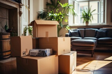 Fototapeta premium Stack of cardboard boxes with household belongings on wooden floor in living room of old classical style house. Moving to new home, relocation, renovation, homestaging, delivery, Generative AI