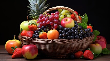 delicious fruit basket. --ar 16:9 --v 5.2 Job ID: c540f97d-872a-40d7-b18b-29e613e96094