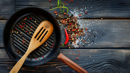 Grill pan with spices on wooden background