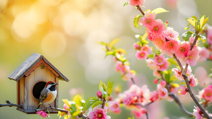 Birdhouse and small bird on a blooming  tree in the garden