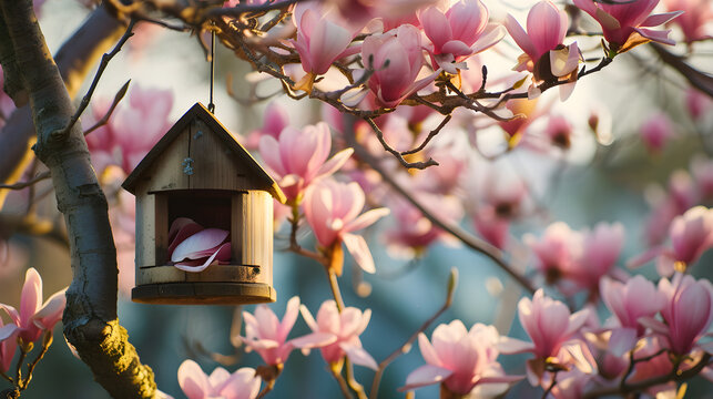 Birdhouse  on a blooming magnolia tree in the garden