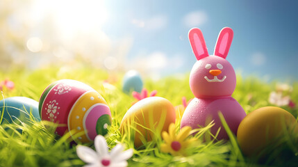 Colorful Easter Eggs and Bunny Decoration in Spring Grass Sunny Background
