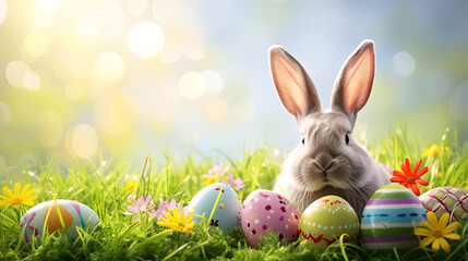 Fototapeta na wymiar Colorful Easter Eggs and Bunny Decoration in Spring Grass Sunny Background