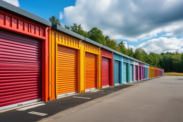 A row of colorful garages in a row. Garage communities. Storage concept, garage buildings