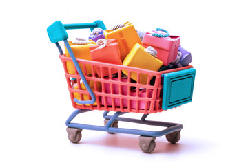 Supermarket shopping cart with goods isolated on gray background