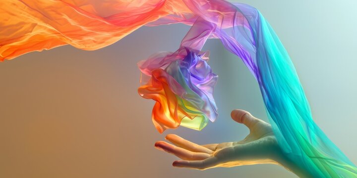 Generated image of 3d render of hands holding multicolored fabric on gradient background