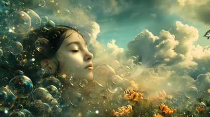 Dreamlike Girl with Soap Bubbles in a Surreal Sky Garden