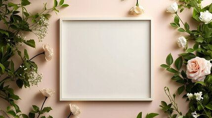 Fototapeta na wymiar Blank Frame Mockup with Floral Decoration on Peach Background