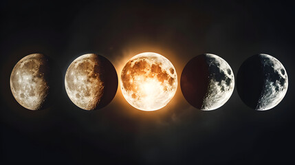 Phases of Moon from New to Full in Night Sky