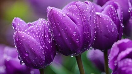 Purple Tulips with Raindrops Close-Up