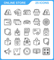 a set of line style icons of online shop, online payment and online purchase