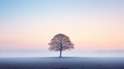 A single tree stands against a gentle dawn mist, symbolizing solitude and the calm of early morning, perfect for reflecting on peace and solitude with ample space for text.