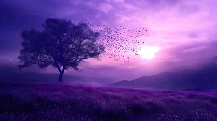 Schilderijen op glas Serene Purple Sunset Landscape with Silhouette of Tree and Flying Birds © HappyKris