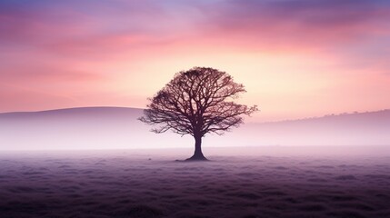 Majestic solitary tree amidst a misty landscape at sunrise, with soft purple hues for a peaceful dawn setting, ideal for meditation and mindfulness themes with space for text.