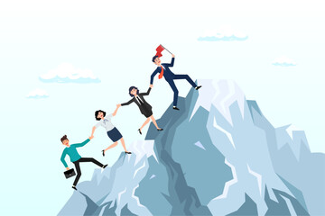 Businessman leader manager help colleagues to reach mountain top, teamwork to help success together, leadership to lead team to achieve goal or target, cooperation or support to help employee (Vector)