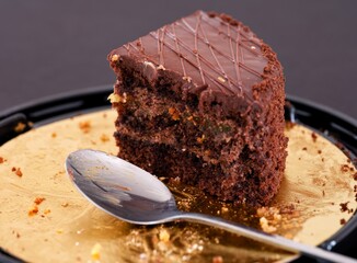 The last slice of an almost fully eaten chocolate cake on a plate with a spoon next to it on a black background.