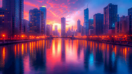 A vibrant sunset casting a colorful glow over a serene urban riverfront with city skyline and reflections.