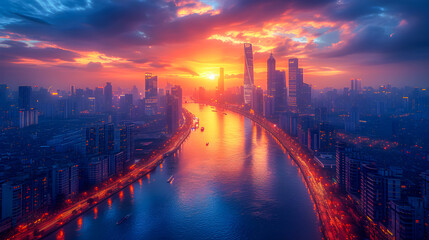 Naklejka premium Dramatic sunset over a river winding through a bustling cityscape with towering skyscrapers and vibrant lights.