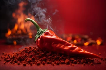 Fotobehang Red hot chilli pepper in fire on dark red background. Creative wallpaper with burning red pepper. © SAGOR