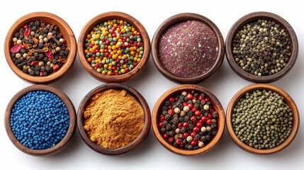 A collection of spices in bowls on a white background. A top view is shown.