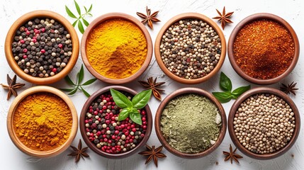 Spices in bowls on white background. Top view copy space.