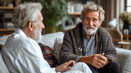 At home, a doctor speaks with an elderly patient