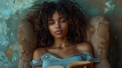 The sideways image features a young African American woman wearing a t-shirt, drinking coffee, reading a book, and relaxing in an armchair in her living room. The woman is in her home, at home in a