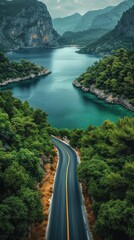 beauty scene with road, mountain, forest and lake