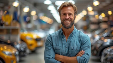 The customer is a happy male client wearing a shirt getting out the car touching the door and looking at the camera, then choosing the vehicle he wants to purchase in a vehicle dealership store, and - obrazy, fototapety, plakaty