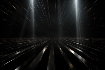 A dark tunnel with columns, illuminated by white neon rays. Abstract background. Generated by artificial intelligence