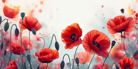 Red poppy flowers on pastel background. Remembrance Day, Armistice Day, Anzac day symbol, Generative AI 