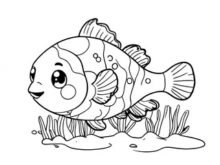 Cute Clown Fish Cartoon Coloring Page. Suitable For printable children's, kids and adult coloring page or book