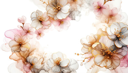 Abstract sakura flowers with fluid alcohol ink paint by pink gold soft tones on white background.