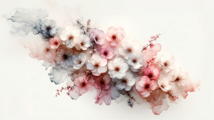 Abstract sakura flowers with fluid alcohol ink paint by pink gold soft tones on white background.
