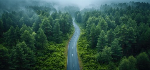 beauty scene with road and green forest