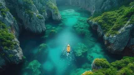 Fotobehang beauty scene with sea, boat and green island © hakule