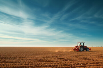 Fototapeta premium Tractor Plowing Field Under Blue Sky. Red tractor actively plowing the brown soil in a vast field, with a striking blue sky overhead.