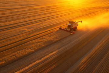 Golden Hour Harvesting. Combine harvester in action at sunset, with golden light casting long shadows across the field