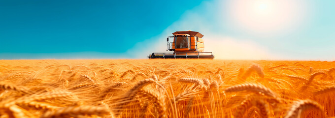 Combine Harvester in Golden Wheat Field. A combine harvester working through a golden wheat field under a clear blue sky, symbolizing harvest time.