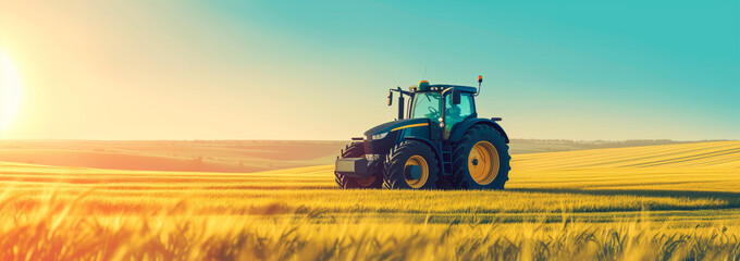 Sunset Over Golden Farmland. Tractor resting at the edge of a golden wheat field at sunset.