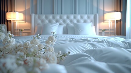 A plush white hotel bed in the style of ultra-detailed renderings