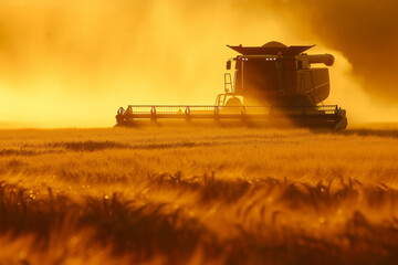 Naklejka premium Harvester Machine Working at Sunset in Field. Silhouette of a harvester machine working in a crop field during a dramatic sunset, casting a golden glow.