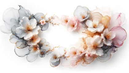 Fototapeta na wymiar Abstract sakura flowers with fluid alcohol ink paint by pink gold soft tones on white background.