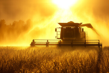 Fototapeta premium Sunset Harvest in the Wheat Fields. A combine harvester at work in a wheat field during sunset, creating a dusty atmosphere.