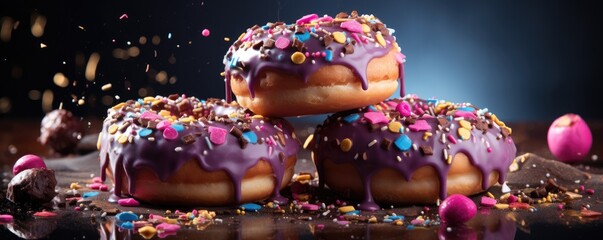Fototapeta na wymiar Tasty colorful donuts with sprinkles on a dark background. Generative AI.